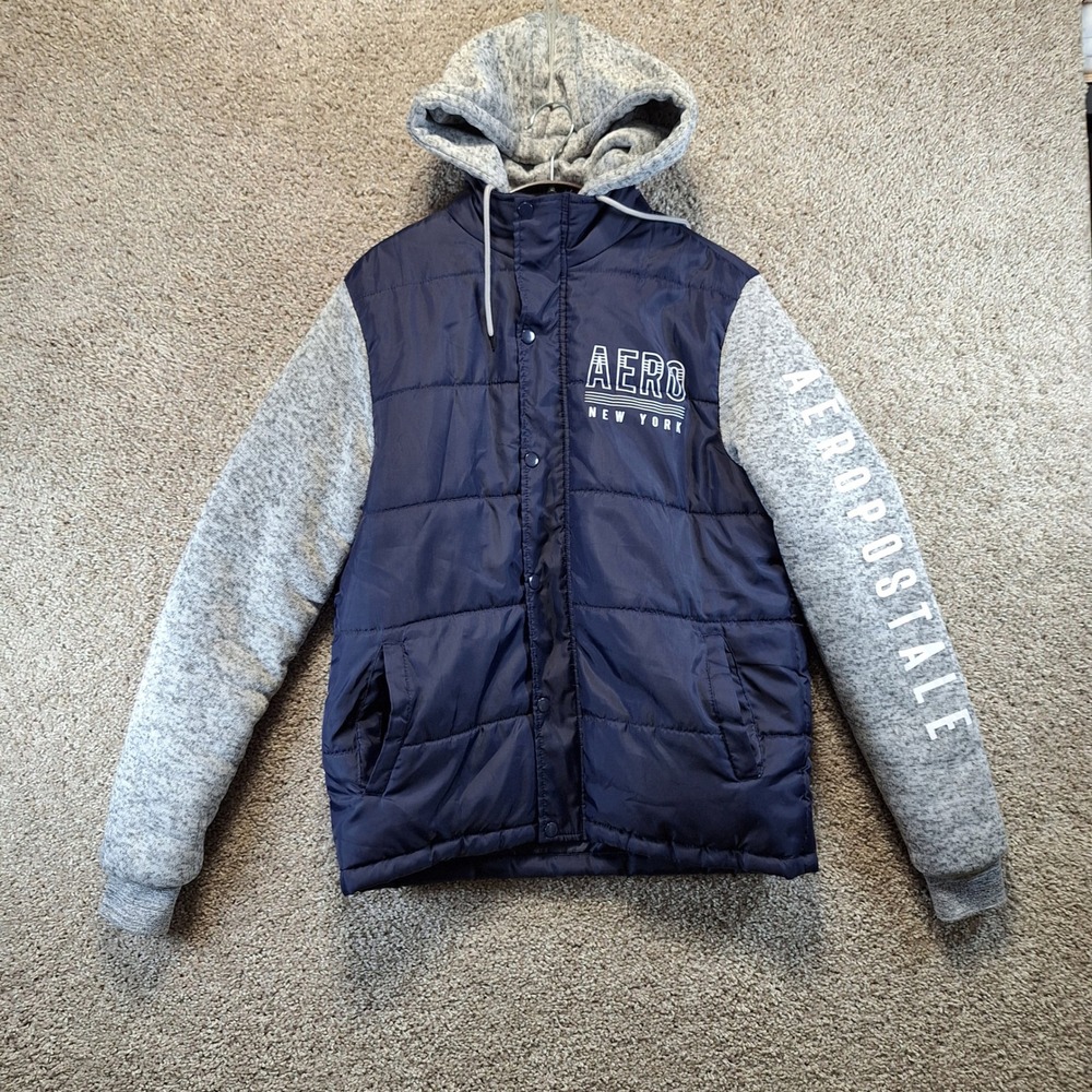 Aeropostale Jacket Mens Medium Blue Puffer Hoodie Aero New York Outerwear Warm
